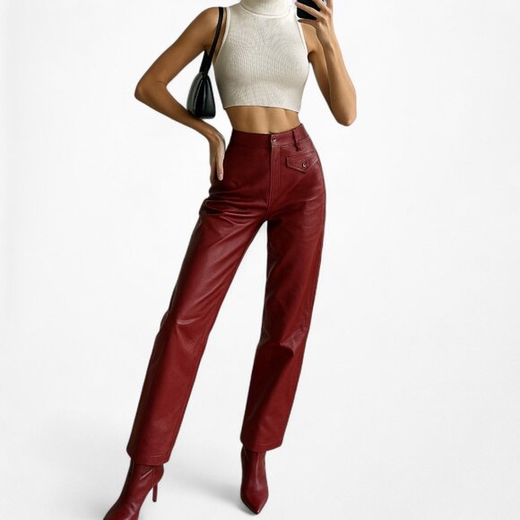American Vintage Pants - Vintage Y2K Red High Waisted Tapered Mom Style Faux Leather Pants Size XS/S